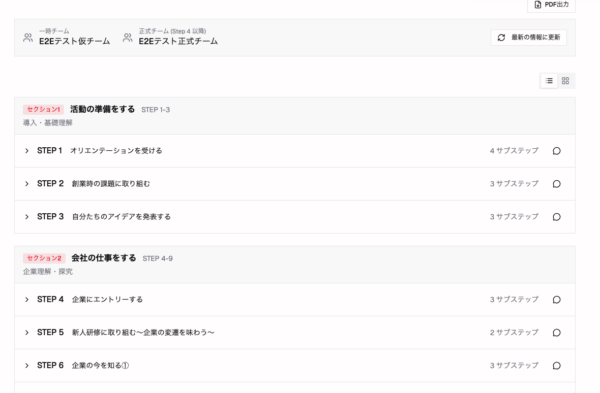 生徒のステップ一覧。公開済みの STEP だけが並び、各行にコメントアイコン