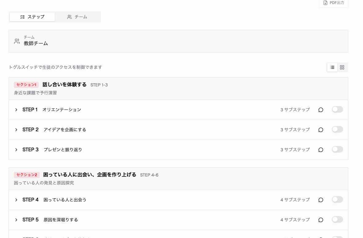 SC のステップ一覧。セクションごとに STEP が並ぶ